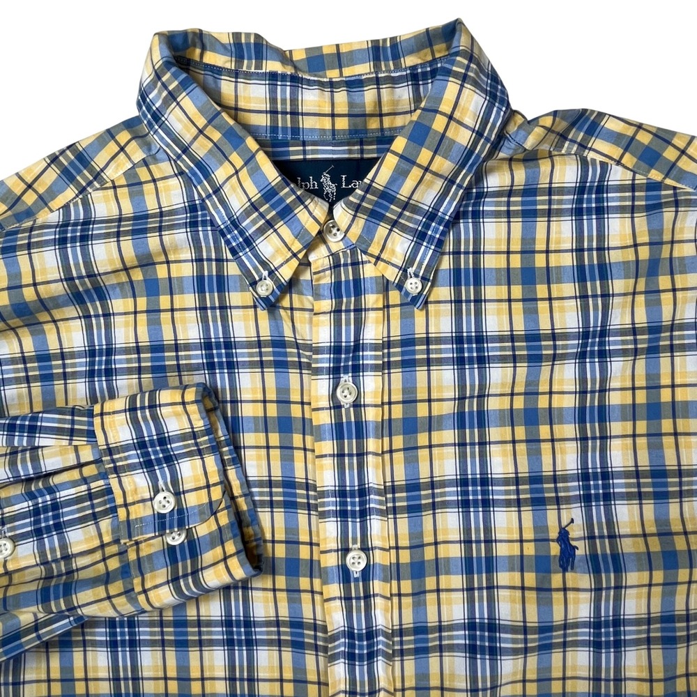 Ralph Lauren Button Down Shirt Men 16 32/33 Yellow Blue Plaid Classic Fit Preppy